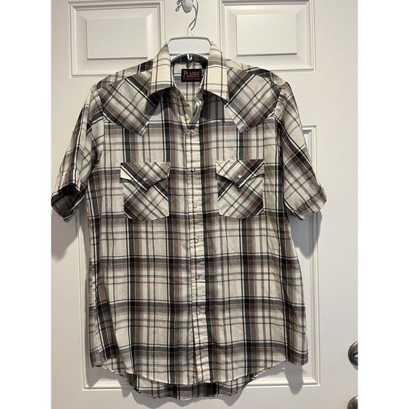 Plains Shirt Western Cowboy Mens M Brown Pearl Snap Short Sleeve Vintage - Picture 1 of 6